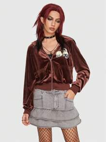 ROMWE Grunge Punk 骷髏骷髅頭圖案拉鏈開襟絲絨連帽夾克 - 棕色 - 查看 1