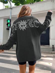 SHEIN Unity Sun & Moon Print Drop Shoulder Tee - Grey - View 1