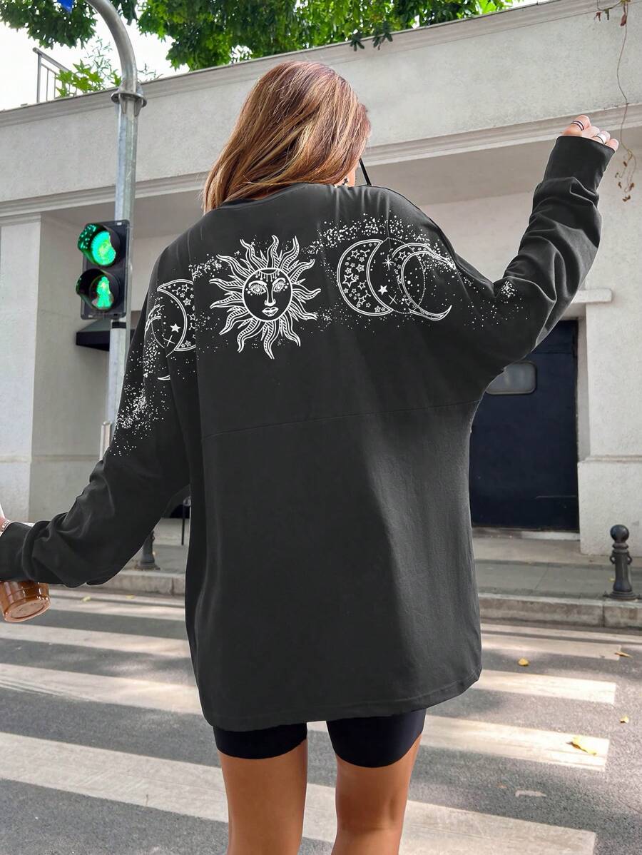 SHEIN Unity Sun & Moon Print Drop Shoulder Tee - Grey - View 1