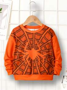 Young Boy Spider Print Drop Shoulder Tee - Orange - View 1