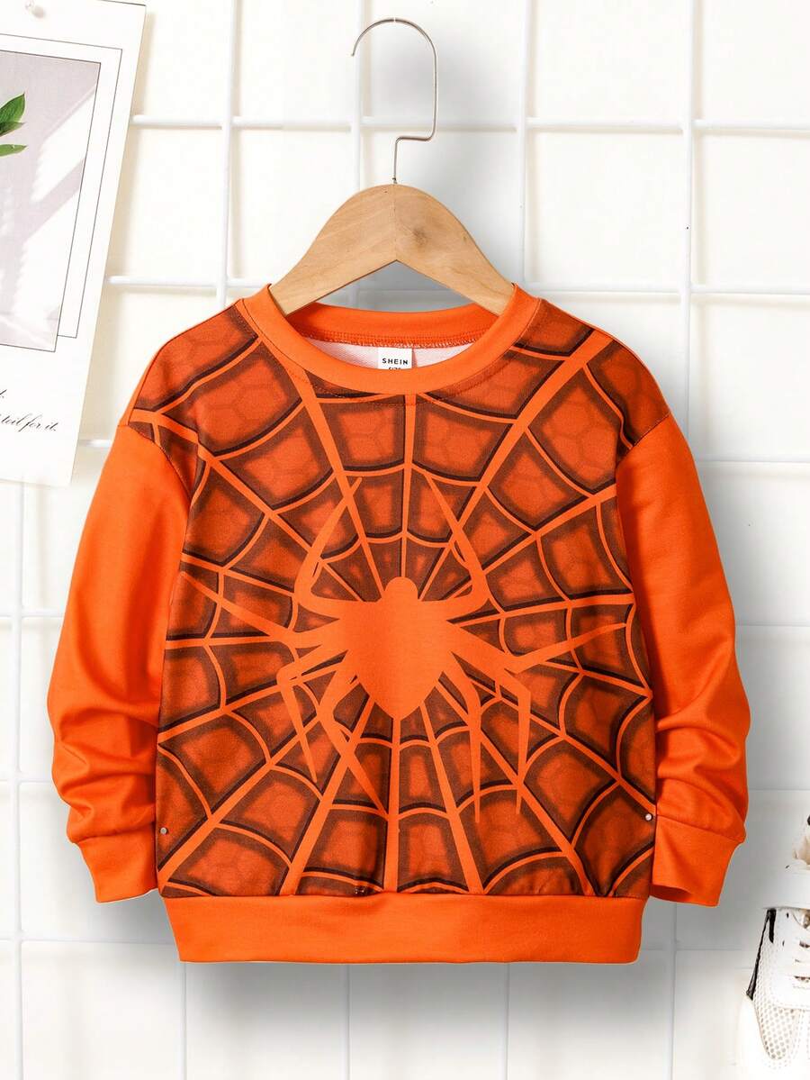 Young Boy Spider Print Drop Shoulder Tee - Orange - View 1