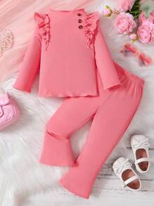 Baby Girl Ruffle Trim Tee & Flare Leg Pants - Pink - View 1