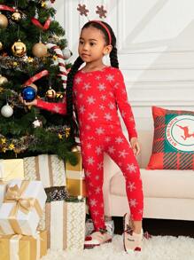 SHEIN Conjunto De Pijama Para Niña Joven Con Estampado De Copo De Nieve Y Ajuste Cómodo Para La Navidad - Rojo - Ver 4