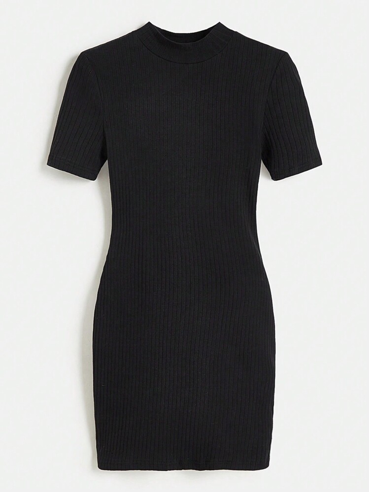 SHEIN BASICS Vestido ajustado de punto de canalé de un solo color, de moda sencilla y uso diario casual - Negro - Añade 1