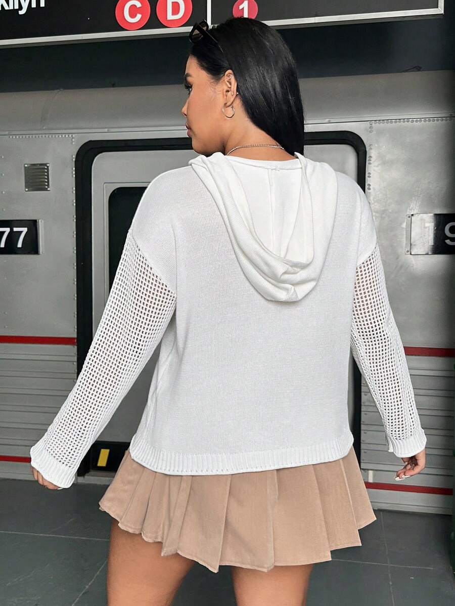 Flirla 大碼落肩袖抽繩連帽網眼針織套頭毛衣 - 白色 - 查看 1