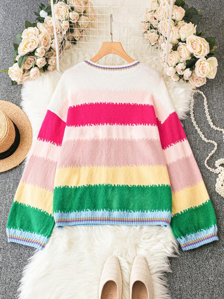 Plus Color Block Drop Shoulder Sweater Knit Pullover Fall Winter Sweater