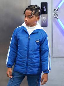 SHEIN Tween Boy Letter Patched Striped Side Zip Up Hooded Padded Coat Without Sweatshirt - Multicolor - View 3