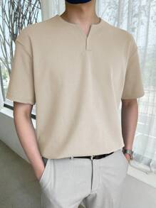 DAZY 男士素色缺口領T恤 - 米色 - 查看 5