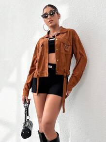 Flirla Flap Pocket Drop Shoulder Jacket Fall Cloth For Women - Rust Brown - View 4