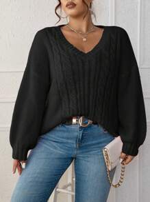 Calvaya 加大码麻花针织落肩套头毛衣秋冬毛衣 - 黑色 - 查看 3