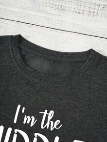 SHEIN EZwear 大碼標語圖案T恤 - 深灰色 - 查看 4