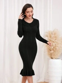 Modelyn Ruffle Trim Bodycon Sweater Dress Fall Cloth For Women - Black - View 6