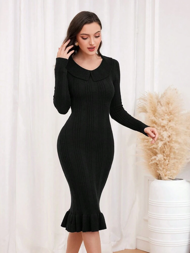 Ruffle Trim Bodycon Sweater Dress Fall Cloth For Women