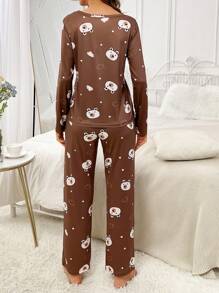 Cartoon Graphic Tee & Pants PJ Set / Pajama Set, Fall Winter Clothes Cozy And Elegant Details