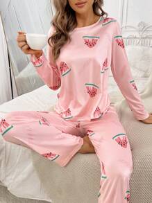 Watermelon Print PJ Set / Pajama Set, Fall Winter Clothes - Pink - View 1