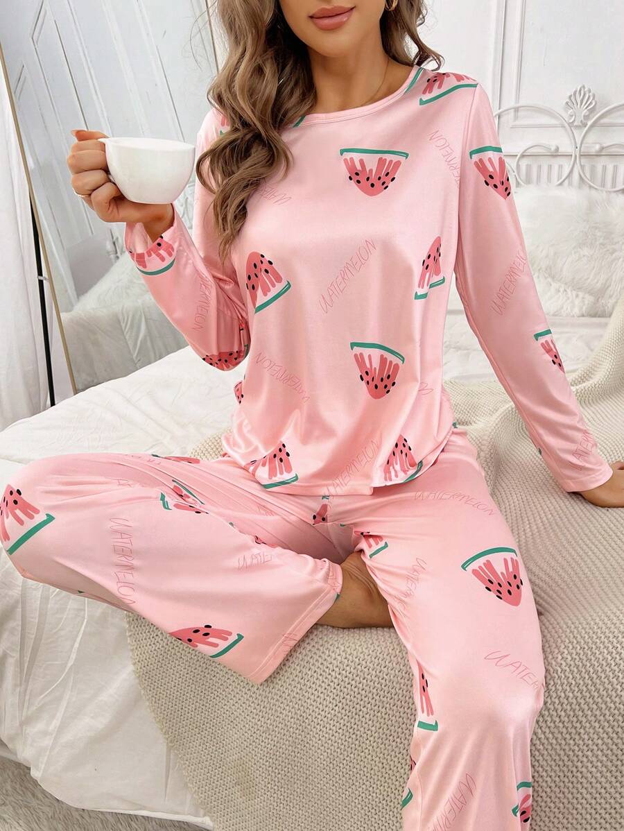 Watermelon Print PJ Set / Pajama Set, Fall Winter Clothes - Pink - View 1