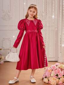 SHEIN 女大童珍珠串珠羊腿袖洋裝 - 紅色 - 查看 3