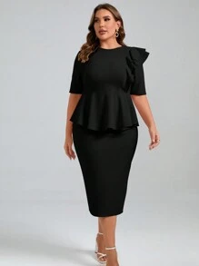 SHEIN Clasi Plus Ruffle Trim Peplum Top & Skirt - Black - View 3