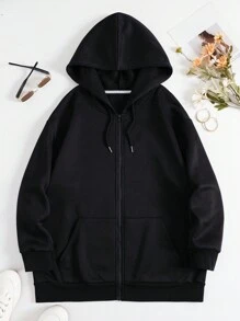 SHEIN EZwear Plus Size Lightning & Letter Graphic Drawstring Thermal Lined Sweatshirt - Black - View 2