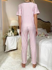 Striped & Slogan Graphic Contrast Binding PJ Set / Pajama Set - Multicolor - View 2