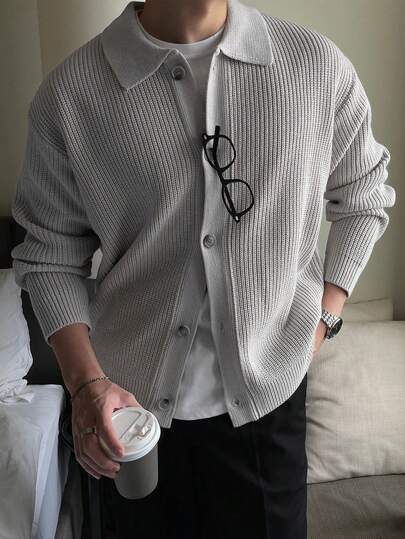 DAZY Áo khoác cardigan cài nút vai trễ vai dệt kim gân cho nam, quần áo mùa thu