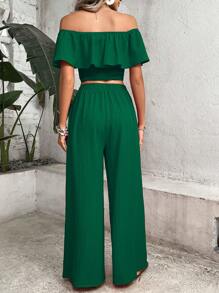Breezaya Off Shoulder Ruffle Trim Crop Top & Wide Leg Pants - Dark Green - View 2