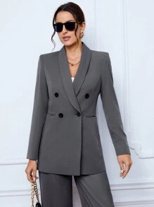 SHEIN Tall Shawl Collar Double Breasted Blazer - Grey - View 1