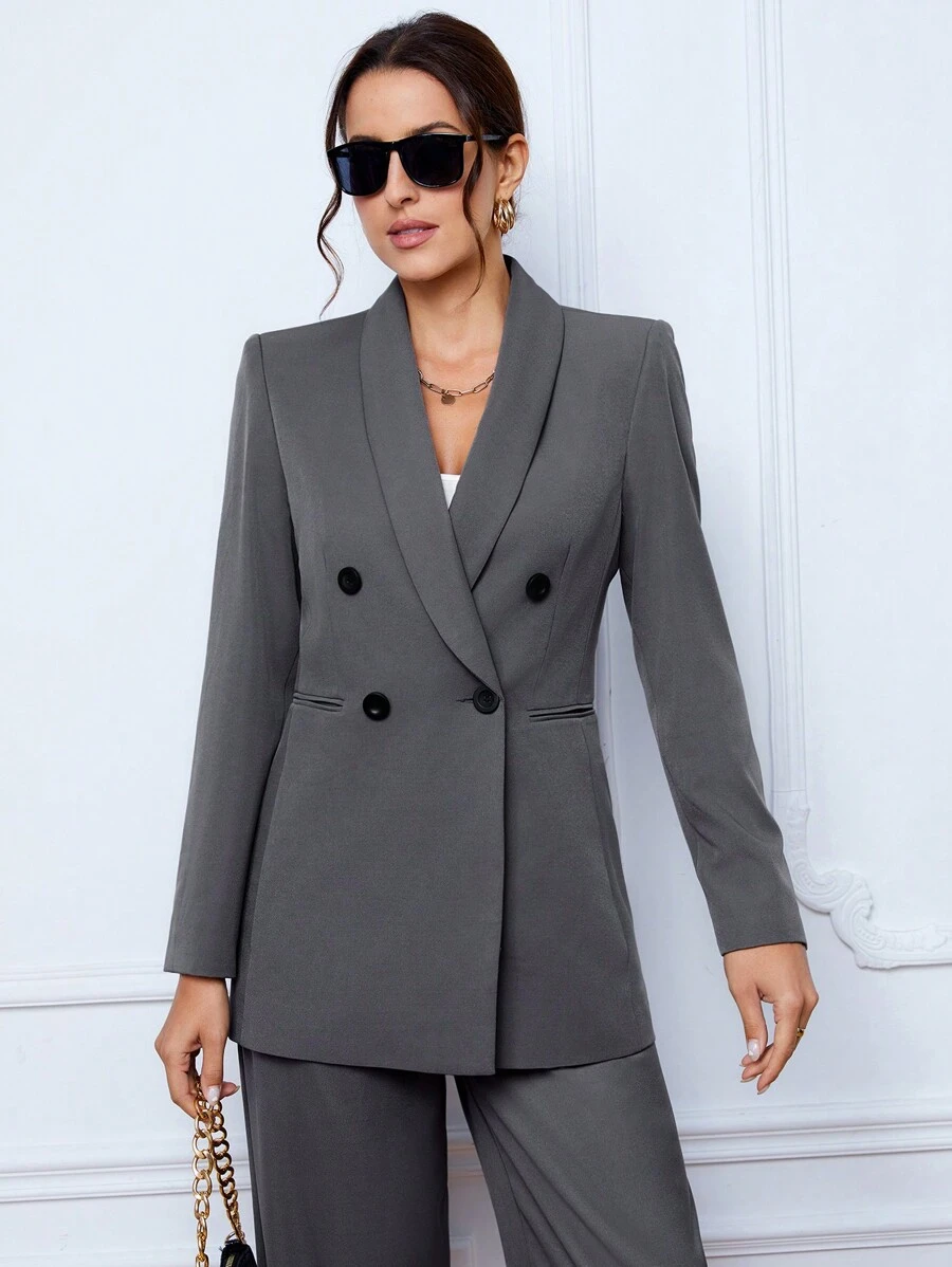 SHEIN Tall Blazer có cổ khăn choàng đôi ngực - Xám - Xem 1