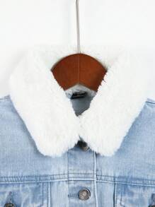 女大童拼接羊羔毛拼塊牛仔夾克 - 中等水洗藍 - 查看 3