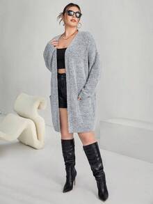 SHEIN Essnce Áo khoác cardigan thả vai cỡ lớn - Xám - Xem 6