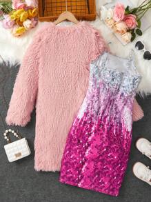 SHEIN Tween Girl Open Front Fuzzy Coat & Sequin Effect Cami Dress - Pink - View 2