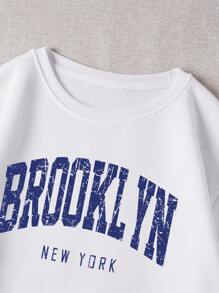 SHEIN Qutie 字母圖案加絨內裏運動衫 - 藍色 - 查看 6