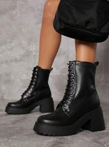 SHUZIA Botas militares de piel sintética con cordones y suela dentada - Negro - Ver 5