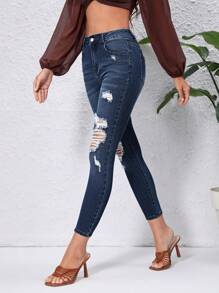 SHEIN Essnce High Waist Ripped Skinny Jeans - Dark Wash - View 6