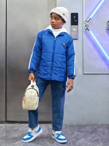 SHEIN Tween Boy Letter Patched Striped Side Zip Up Hooded Padded Coat Without Sweatshirt - Multicolor - View 5