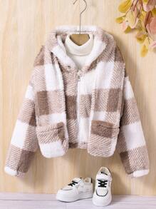 SHEIN 女大童大方格圖案雙口袋連帽毛絨夾克無毛衣 - 彩色 - 查看 1