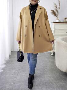 Calvaya Plus Fringe Trim Double Breasted Overcoat - Khaki - View 5