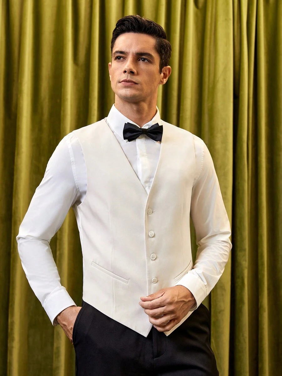 GENTILAND 男士素色前紐扣馬甲無襯衫 - 白色 - 查看 1