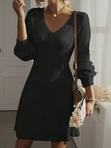 SHEIN Clasi Solid V Neck A-line Dress - Black - View 4
