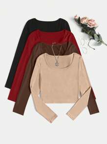 SHEIN Essnce 4pcs Scoop Neck Ribbed Knit Tee - Multicolor - View 1
