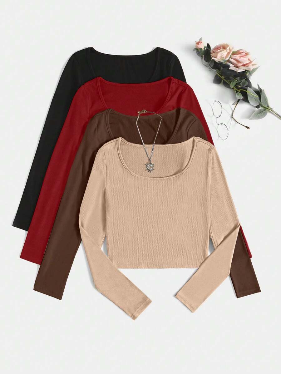 SHEIN Essnce 4pcs Scoop Neck Ribbed Knit Tee - Multicolor - View 1
