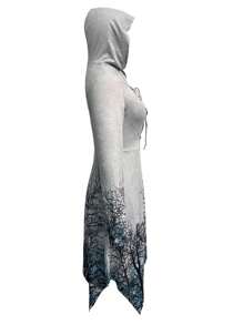 SHEIN Essnce Tree Print Lace Up Front Asymmetrical Hem Hooded Dress - Grey - View 3