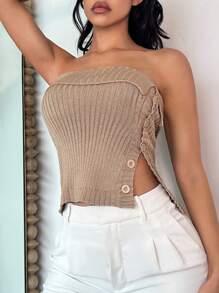 SHEIN SXY 紐扣細節下擺開叉抹胸針織上衣 - 卡其色 - 查看 5