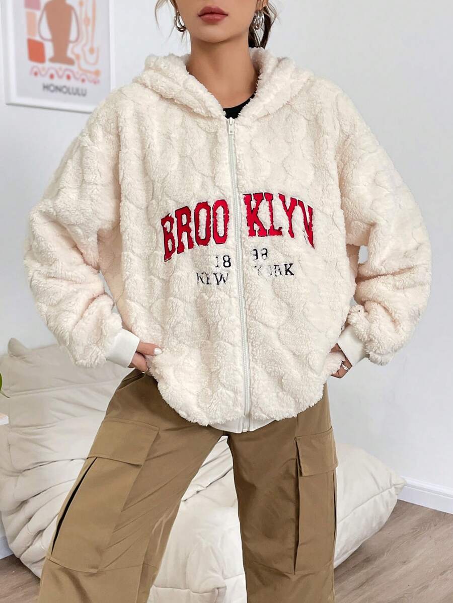 SHEIN EZwear 字母圖案落肩袖連帽毛絨夾克 - 杏色 - 查看 1