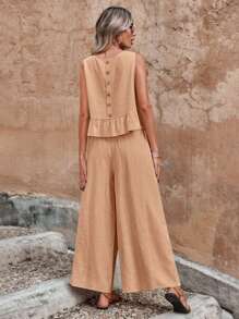 SHEIN Unity 後背鈕扣荷葉邊下擺上衣 & 闊腿褲 - 粉色 - 查看 2