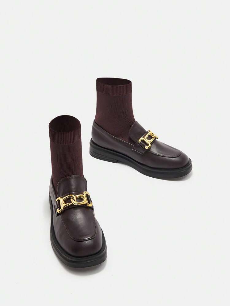 Women's Fashionable Brown Knit Slip-On Socks Boots With Metallic Decor