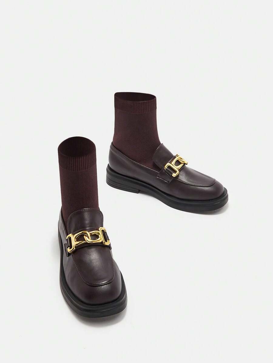 SheIn BIZ 女性時尚棕色的針織一腳襪靴帶金屬裝飾 - 棕色 - 查看 1