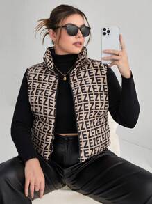 SHEIN Essnce 大碼滿版印花拉鏈開襟羽絨背心大衣 - 彩色 - 查看 1