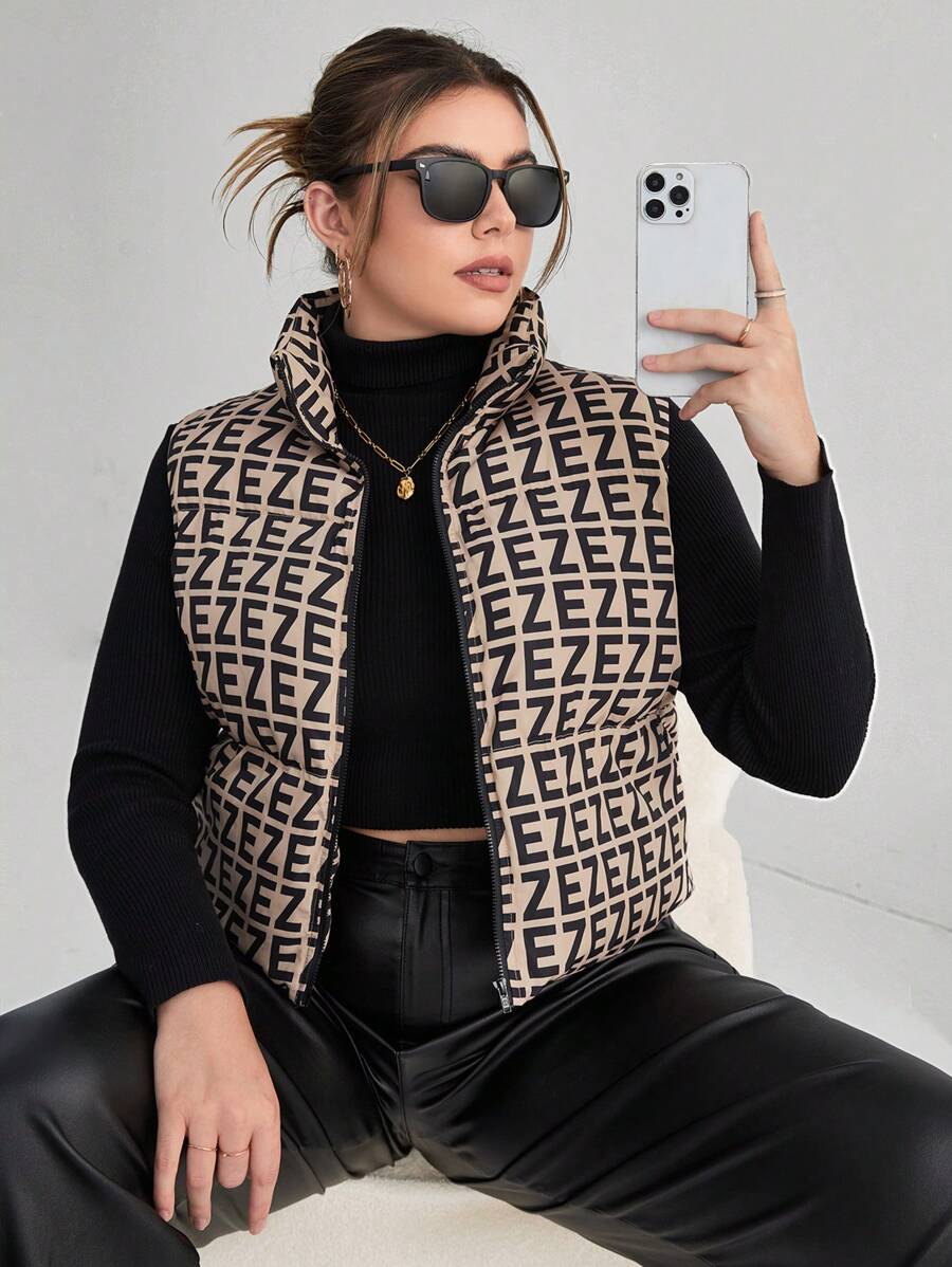 SHEIN Essnce 大碼滿版印花拉鏈開襟羽絨背心大衣 - 彩色 - 查看 1