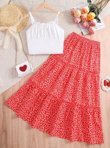 SHEIN 女孩褶邊吊帶上衣和碎花裙子套裝 - 紅白色 - 查看 1